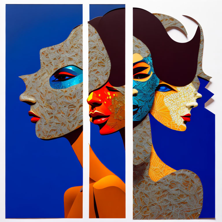 Stylized Female Profile Triptych in Blue, Red, and Yellow on White