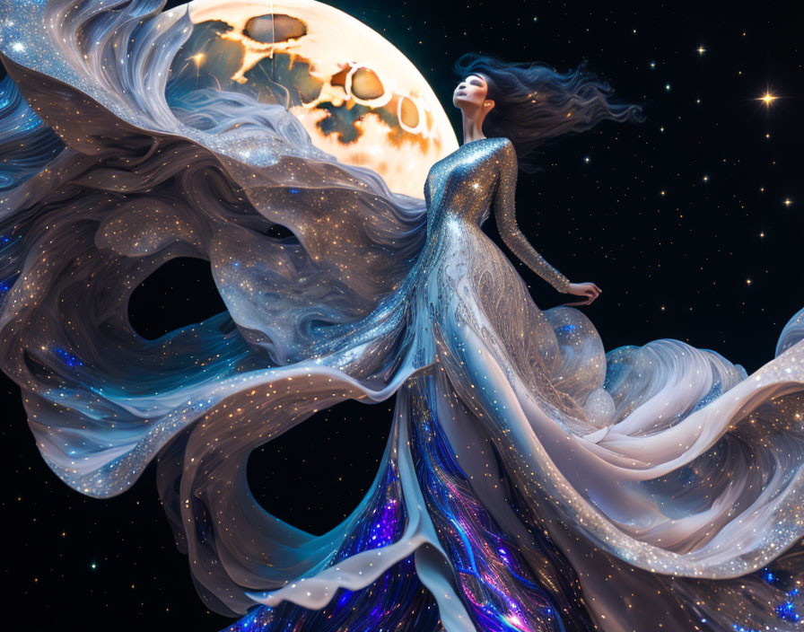 Cosmic-themed woman in flowing gown against space backdrop