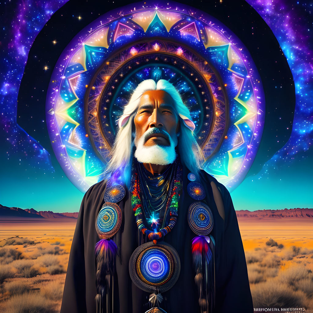 Elder in tribal attire with white hair in cosmic desert scene