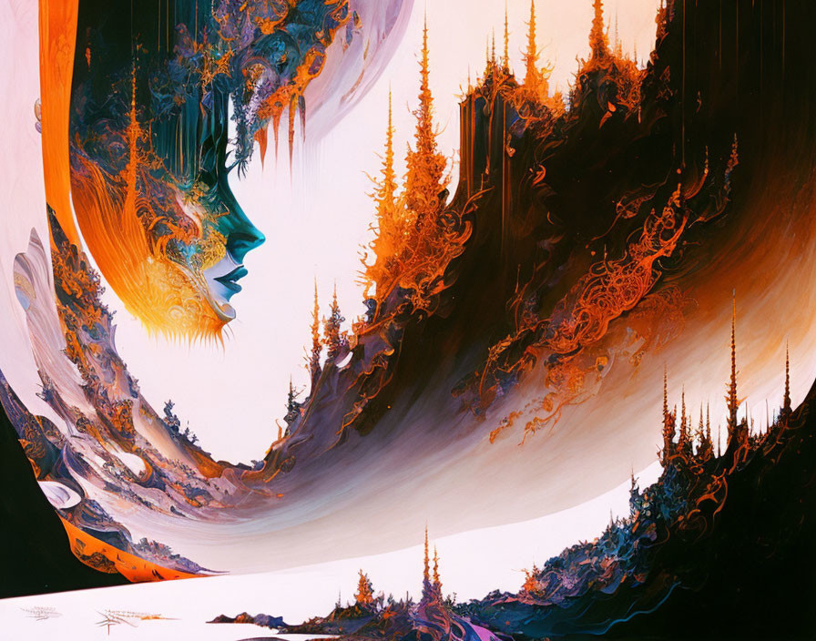 Surreal landscape with woman's profile in vivid oranges and purples