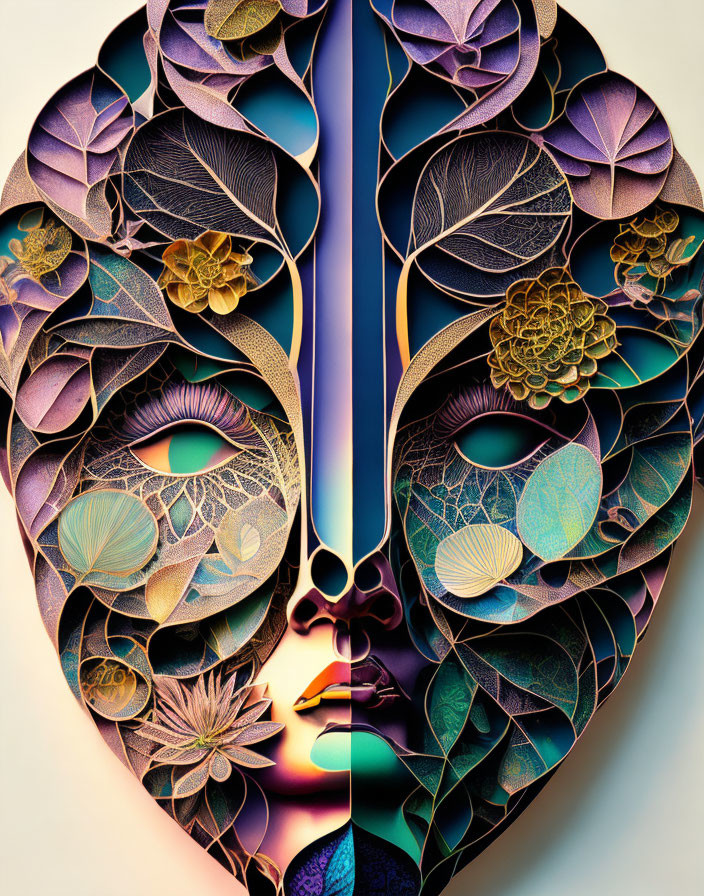 Symmetrical face with detailed floral patterns in vibrant metallic colors