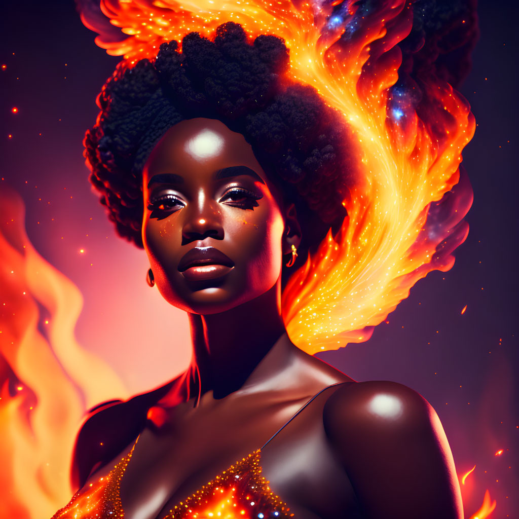 Digital Artwork: Woman with Glowing Skin and Fiery Hair