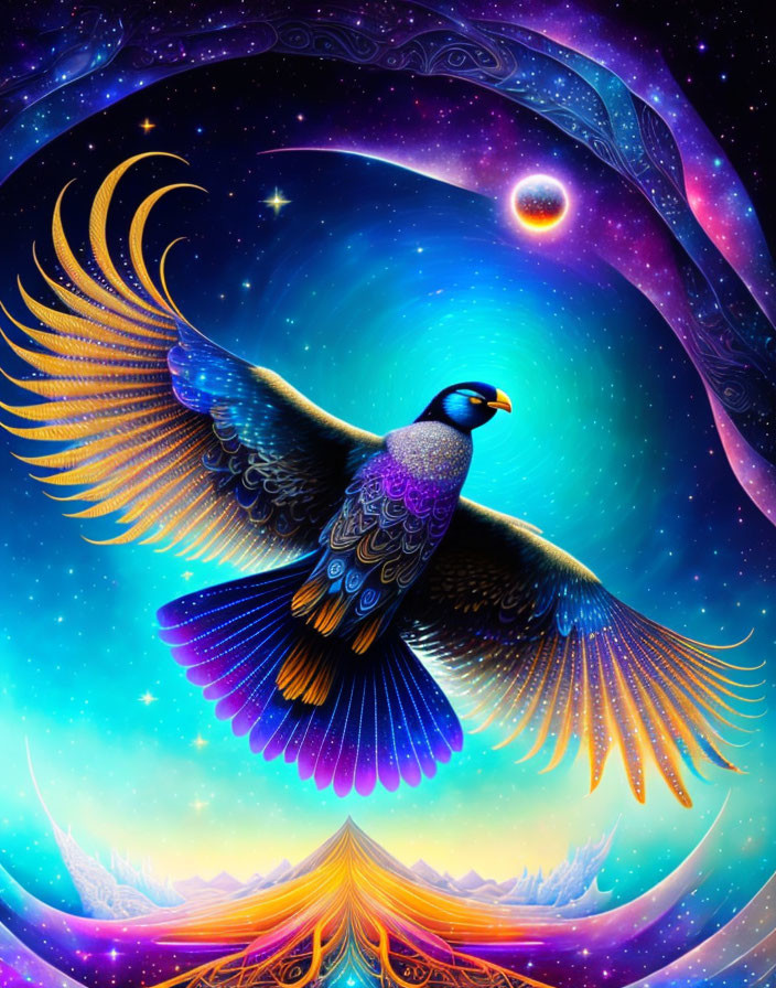 Colorful mythical bird flying in starry cosmos with celestial bodies and whimsical landscape