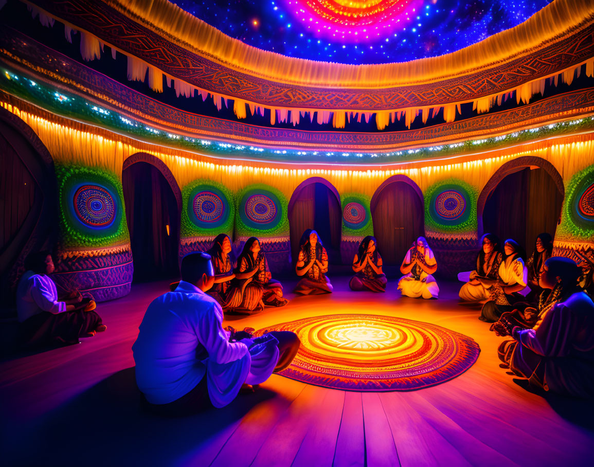 Colorful Illuminated Room with Glowing Circular Pattern