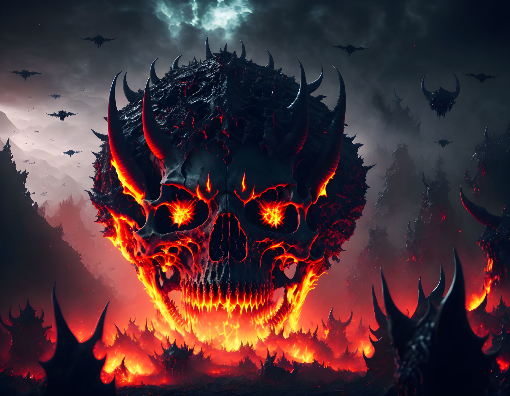 Sinister demonic skull in fiery landscape with bats and horned creatures.