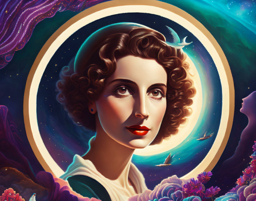 Vintage-style portrait: Woman with curly hair, celestial halo, birds, and cosmic elements