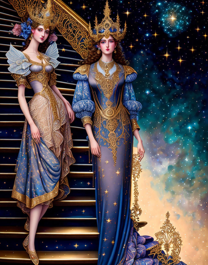 Elegantly dressed women in celestial-themed gowns on starry night backdrop