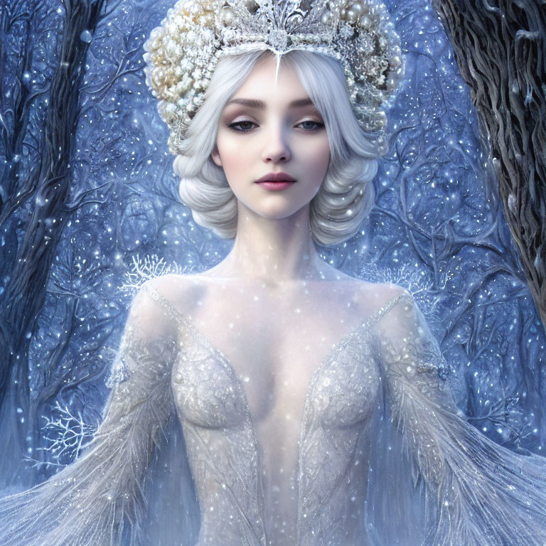 Fantasy Ice Queen with Snowflake Adornments in Enchanted Forest