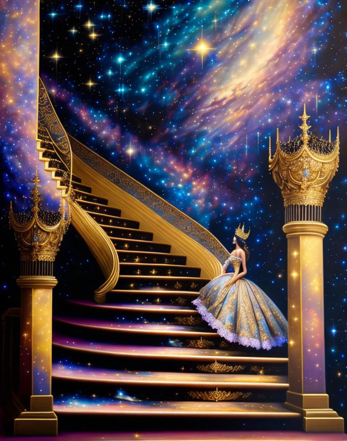 Woman in elegant ball gown on grand golden staircase under starry cosmos