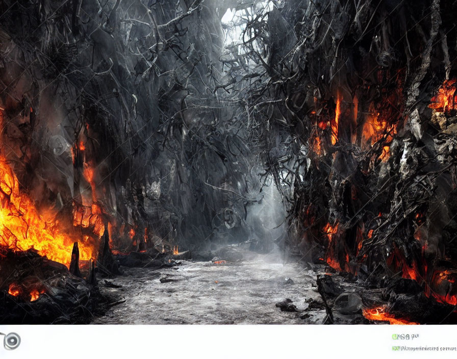 Rugged canyon engulfed in flames and smoke