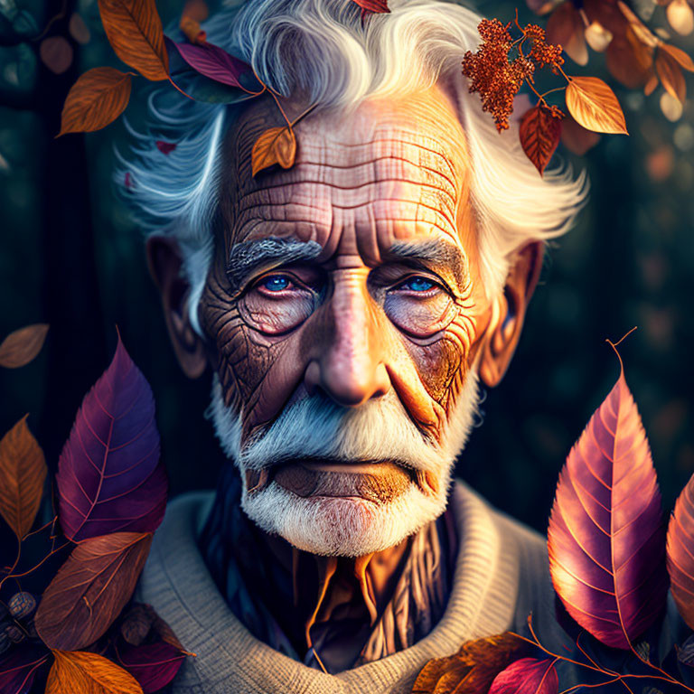 Elderly man with deep wrinkles in autumn setting