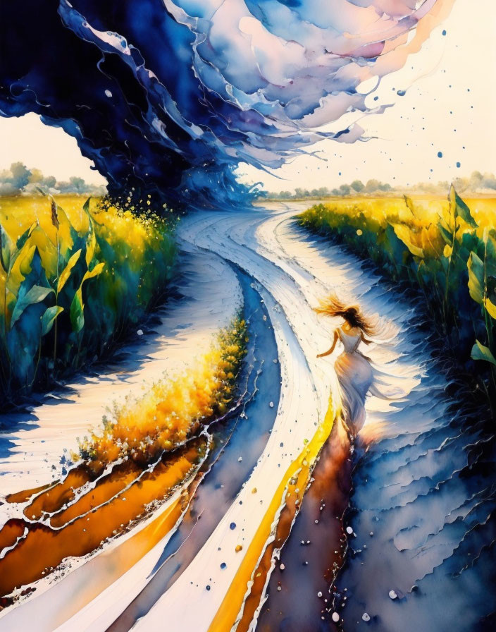 Colorful Painting: Woman Walking on Winding Path in Field