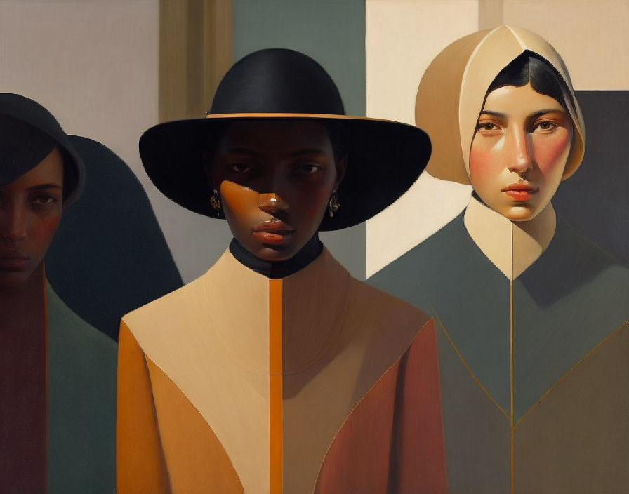 Three stylized women in hats, warm hues, and geometric shadows.