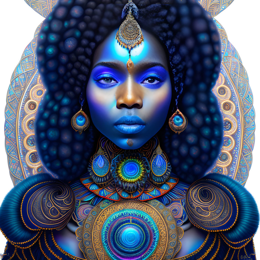 Blue-skinned woman with golden patterns in digital art portrait against mandala background