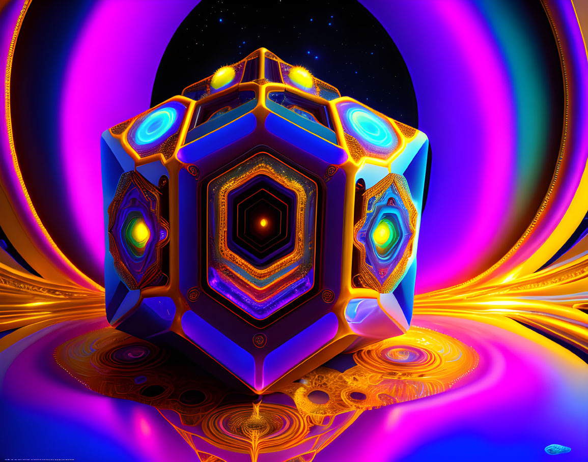 Colorful Psychedelic Digital Artwork with Geometric Cube and Swirling Patterns