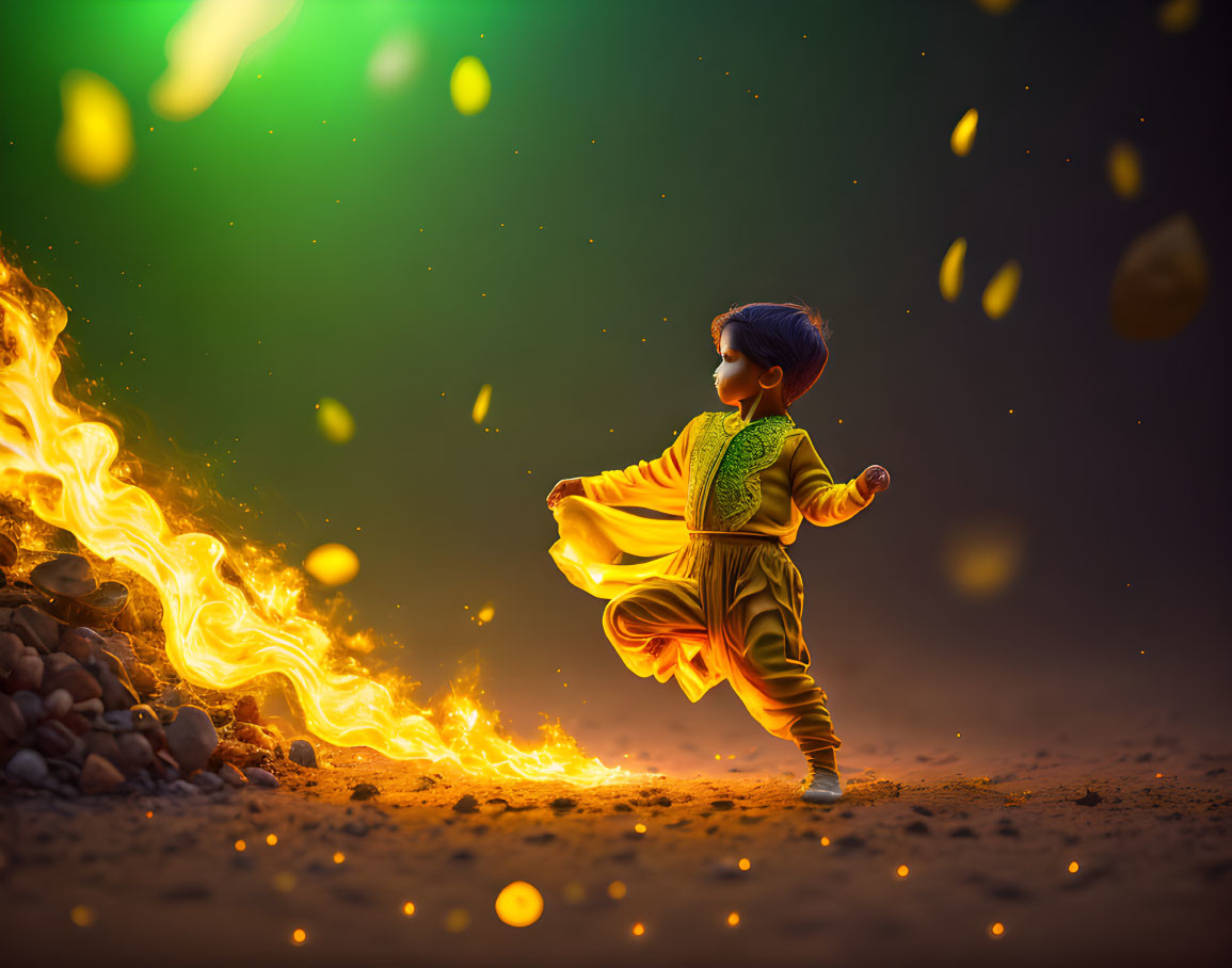 Child in traditional attire dances with dynamic flames under mystical green-lit sky