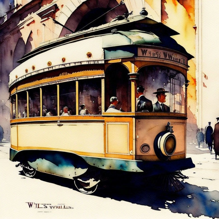 Watercolor painting of old-fashioned tram with passengers in urban setting