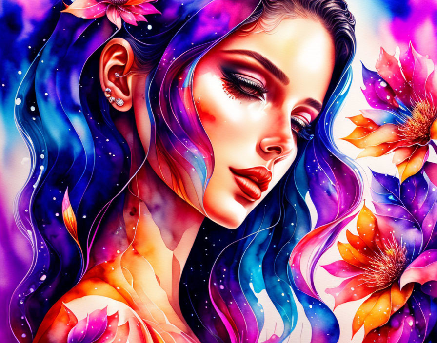 Colorful digital artwork: Woman with flowing hair and cosmic colors, adorned with pink flowers