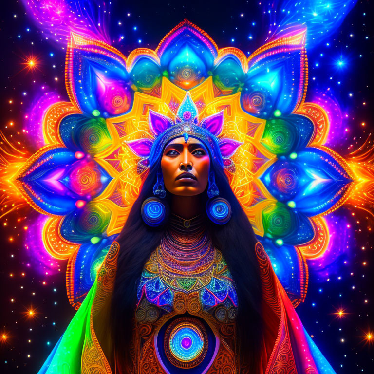 Colorful portrait of woman with intricate headdress and cosmic background