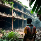 Backpack-wearing person watches someone in overgrown ruins