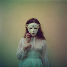 Vintage dress wearer in white half-face mask against multicolored backdrop