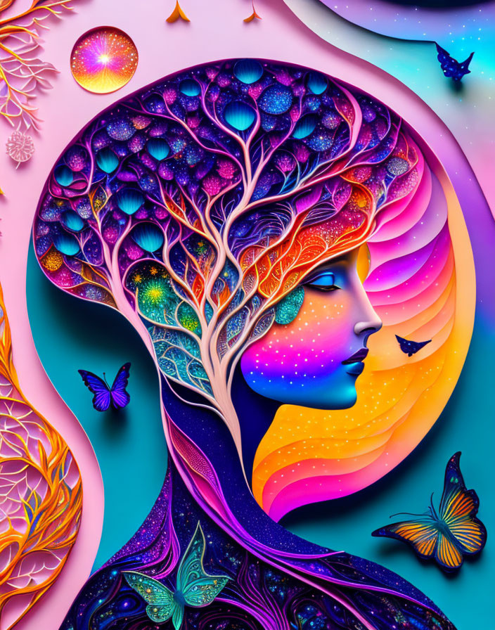 Colorful Cosmic Tree Silhouette in Woman's Outline with Butterflies