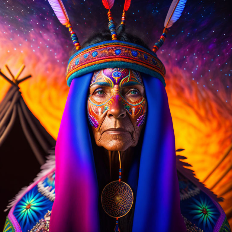 Tribal face paint and feathered headdress against cosmic teepee backdrop