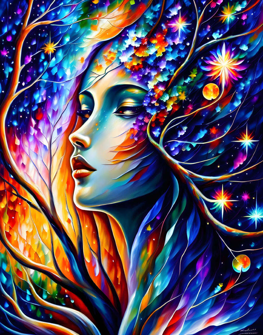 Colorful portrait of a woman with flowing hair merging into cosmic stars and trees.