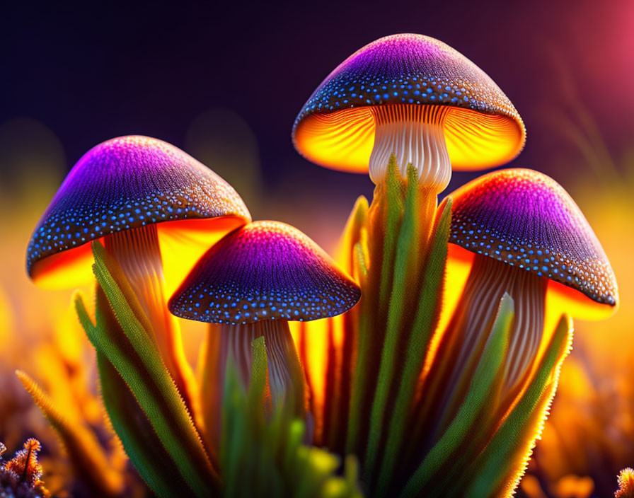 Bioluminescent purple mushrooms on green foliage with bokeh background