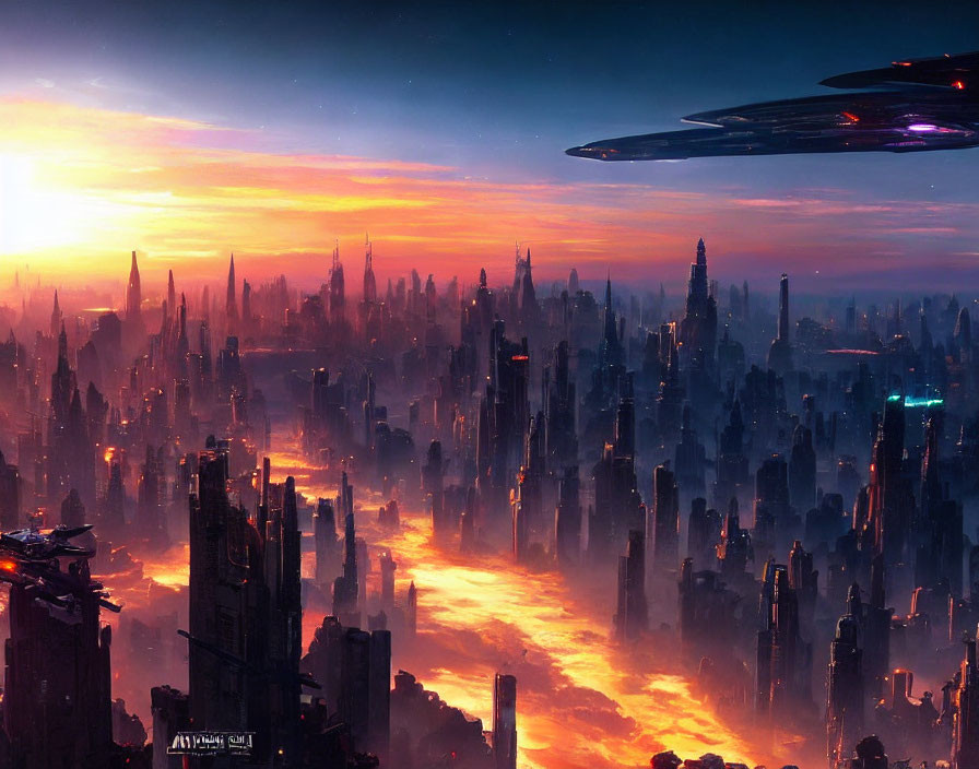 Futuristic cityscape at dusk with glowing lights and flying saucers