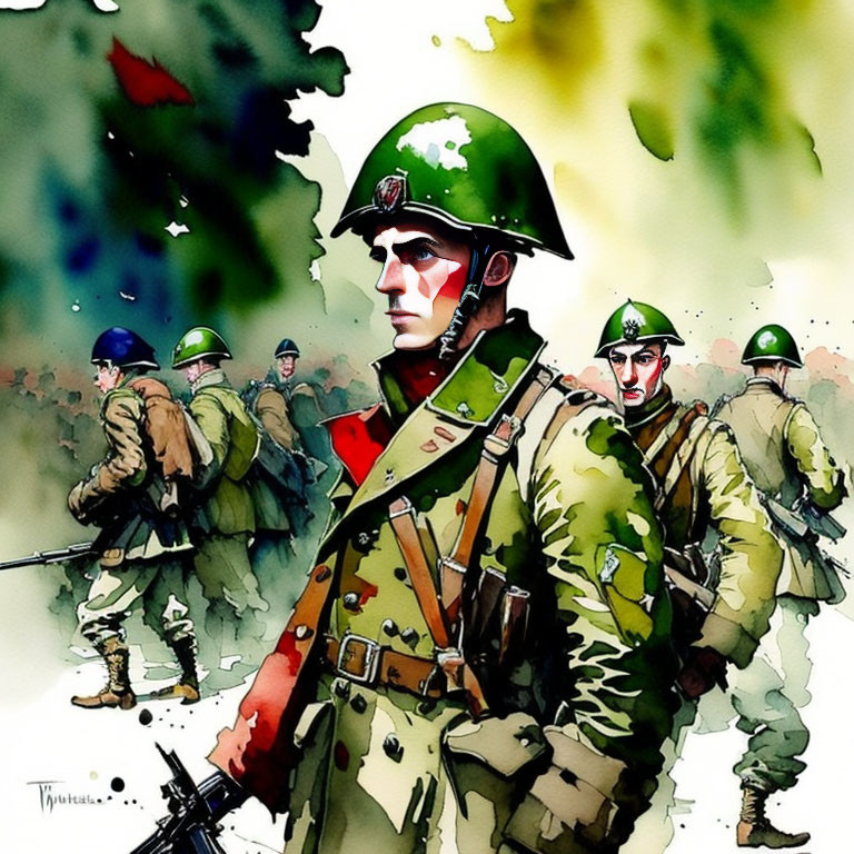 Soldiers in green military uniforms with helmets in watercolor illustration