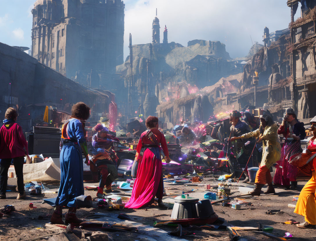 Colorful Costumed Group Amid Chaotic Urban Scene