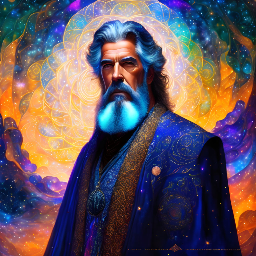 Illustration of wise man with long white beard in mystical blue robe against cosmic backdrop