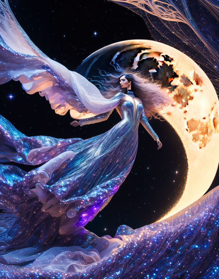 Celestial digital artwork of woman in starry garments with moon and cosmic sky