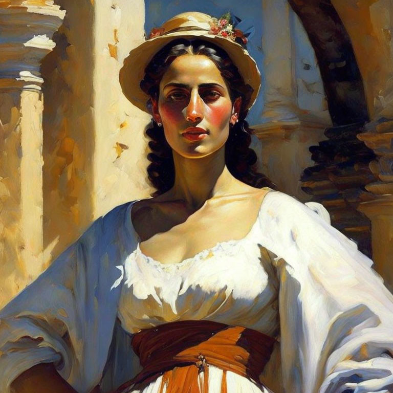 Portrait of woman in white blouse and straw hat against architectural background