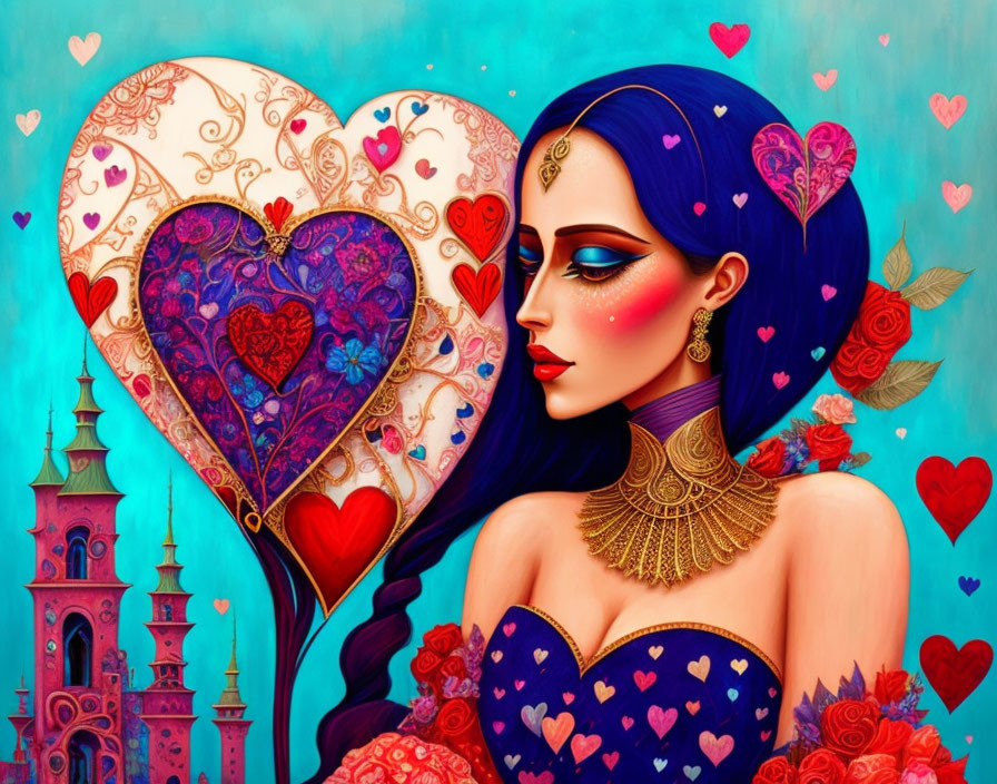 Blue-haired woman with heart motifs and ornate heart balloon in whimsical setting