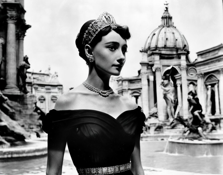 Elegant Woman in Black Off-Shoulder Dress and Tiara by Fountain