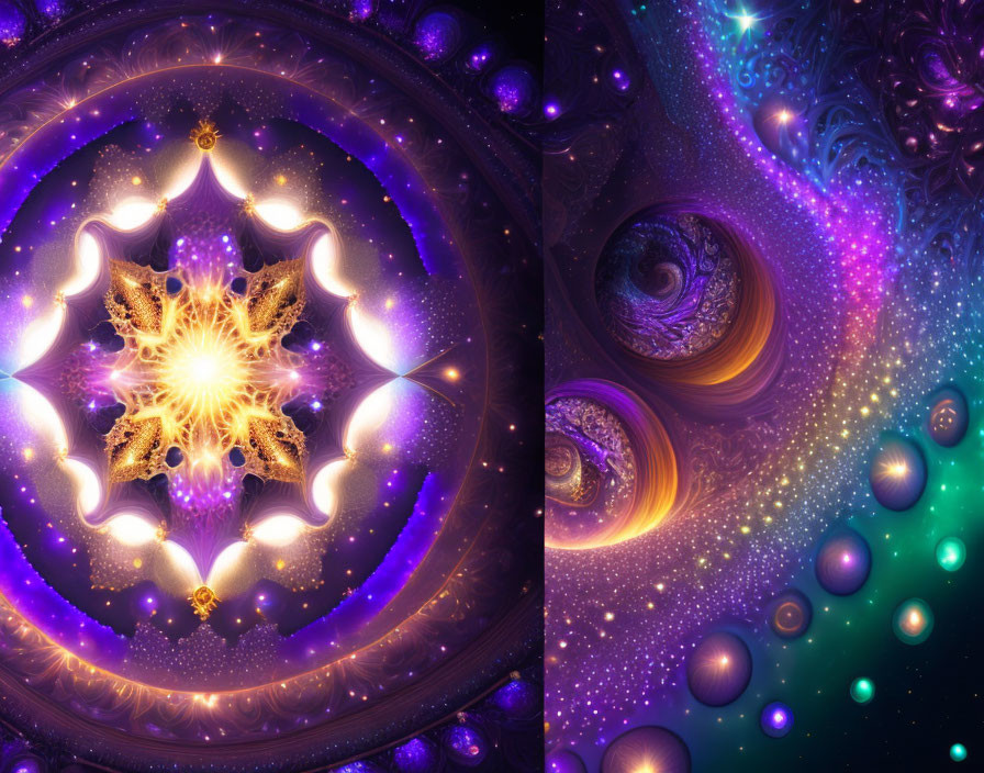 Colorful fractal image with star-like center and bubble-like spheres.