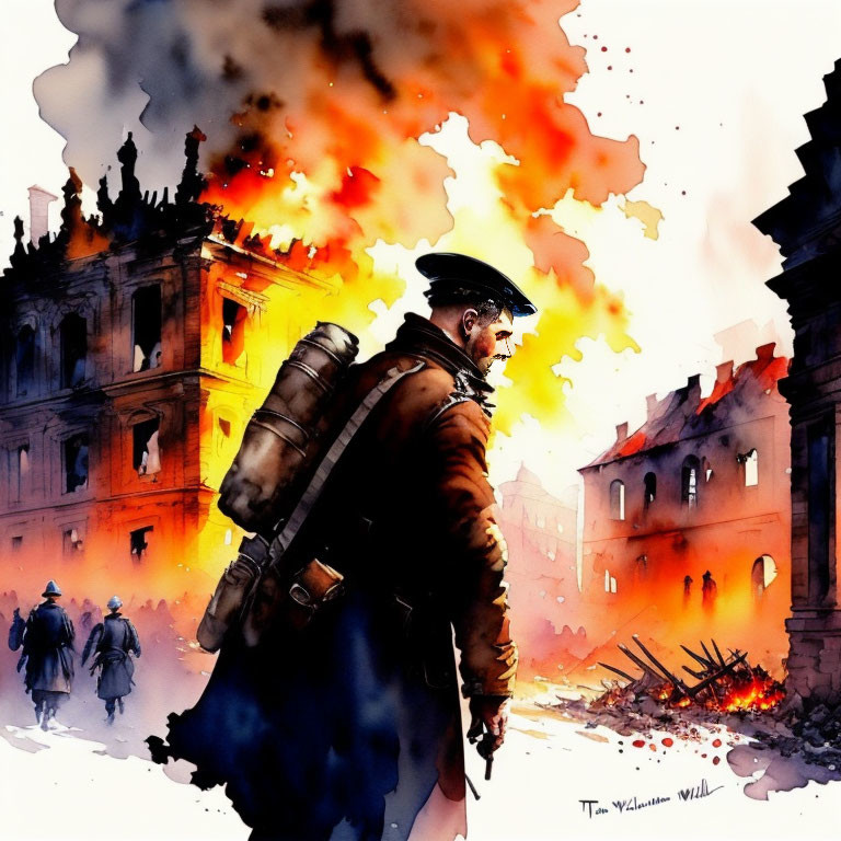 Vintage soldier walking from burning building amidst destruction.