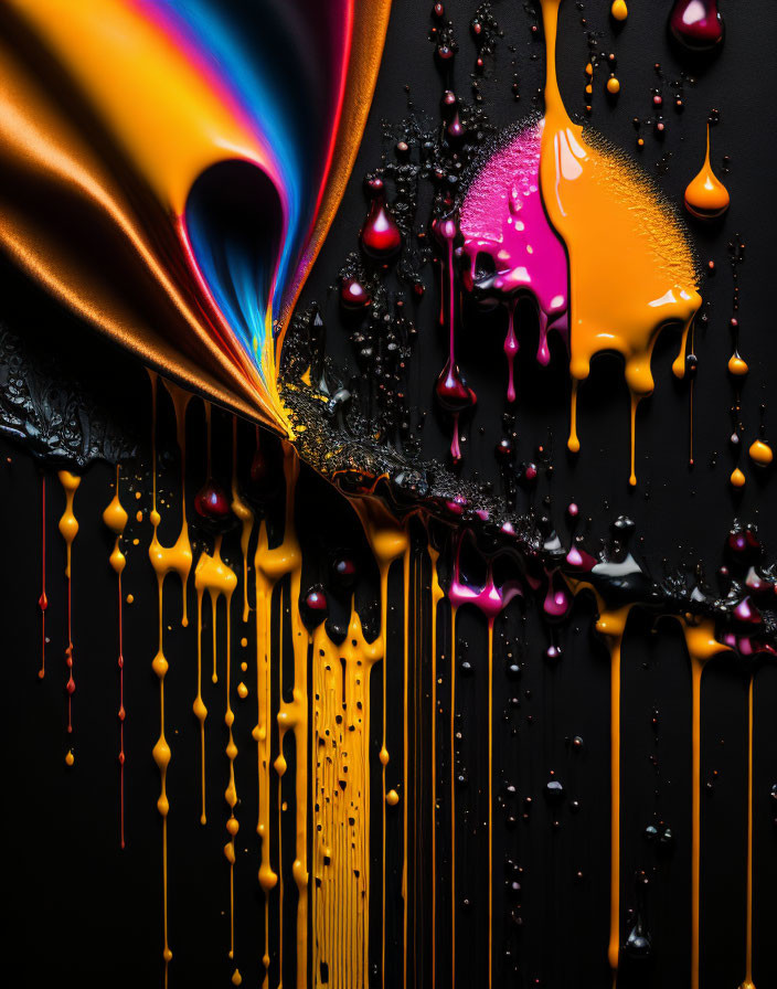 Colorful Inks Dripping on Black Surface Form Abstract Pattern