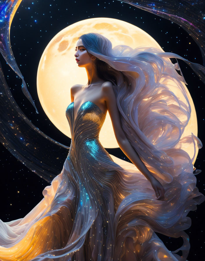 Ethereal woman in shimmering gown under full moon