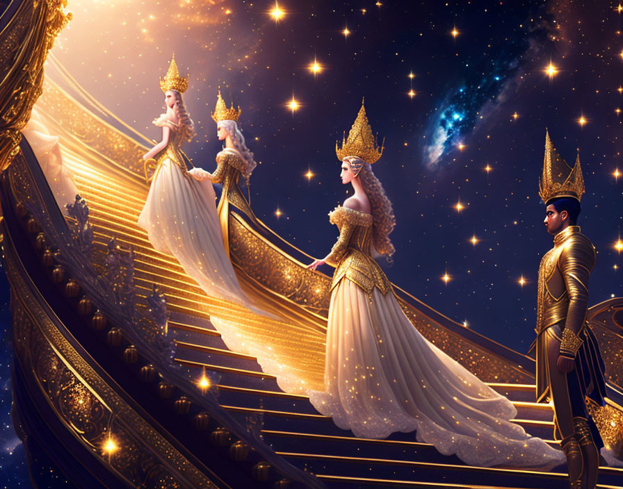 Regal women in golden gowns descend grand staircase under starry night sky