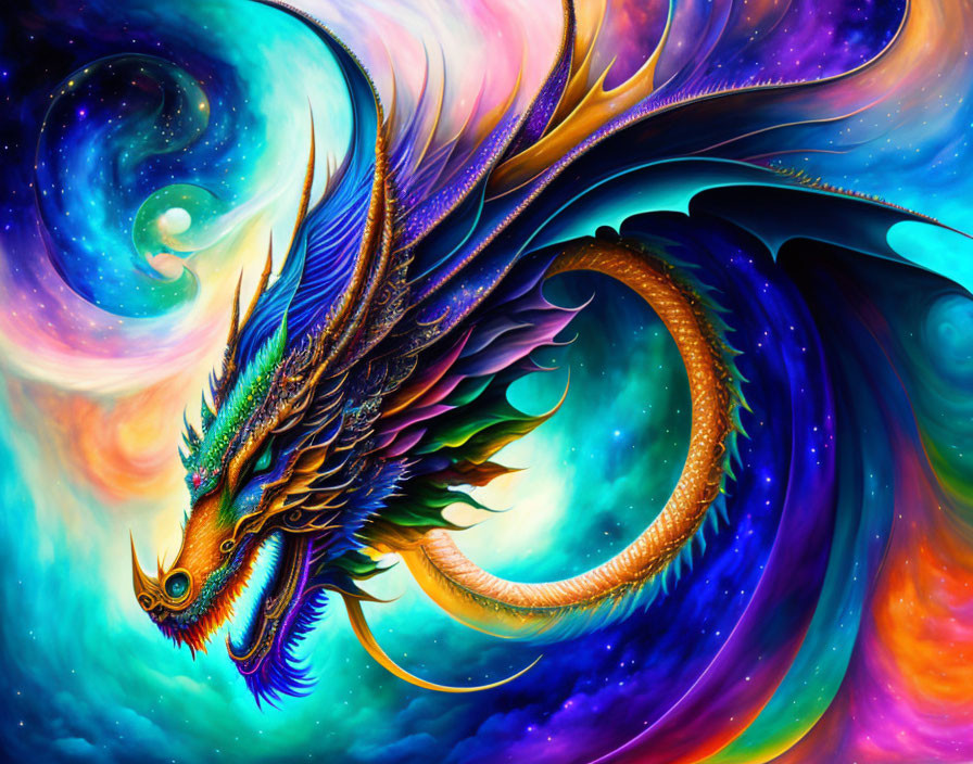 Colorful Cosmic Dragon Gliding in Vibrant Galaxy