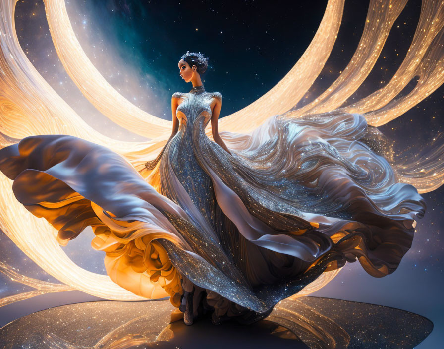 Woman in flowing gown surrounded by golden light and stardust