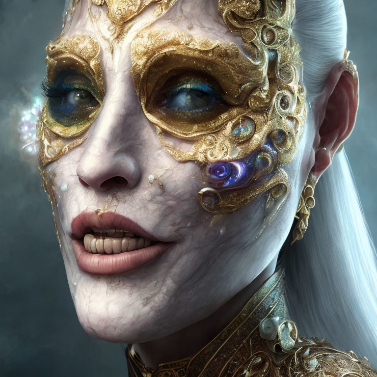 Detailed Alabaster Skin Person Wearing Gold and Blue Masquerade Mask