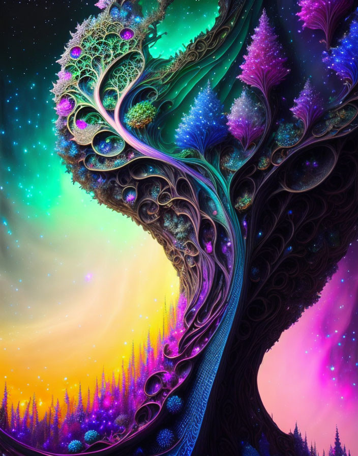 Surreal artwork: Neon tree structure under aurora sky