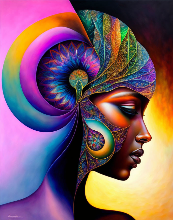 Vibrant painting of woman with intricate headscarf design