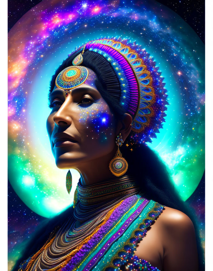 Woman's profile portrait with cosmic-themed decorations and galaxy backdrop.