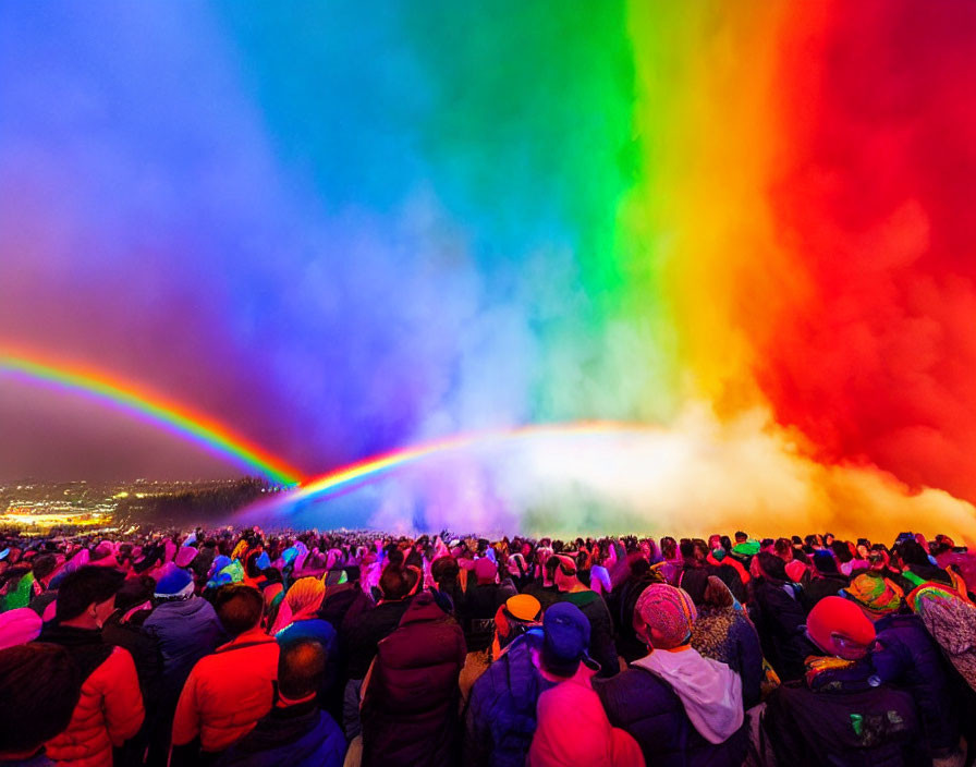 Vibrant rainbow over crowd under colorful sky and mist