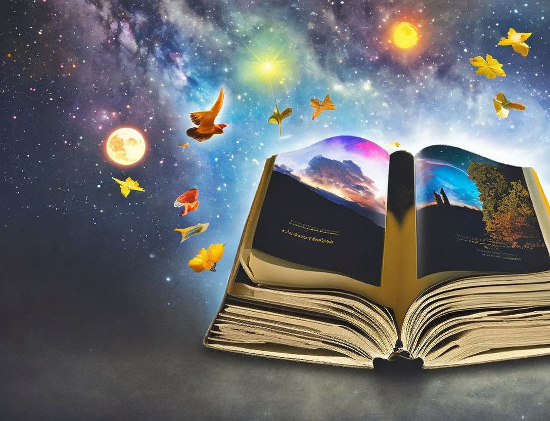 Open book with glowing pages transforms into vibrant landscape under starry sky, butterflies come to life